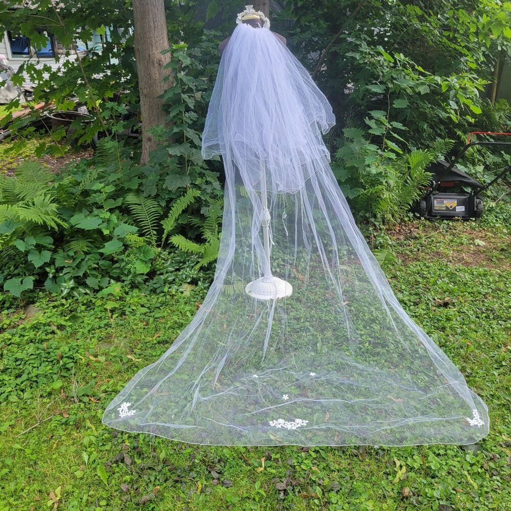 Bridal Cathedral Length White Tulle Veil With Delicate Floral Embellishments & E